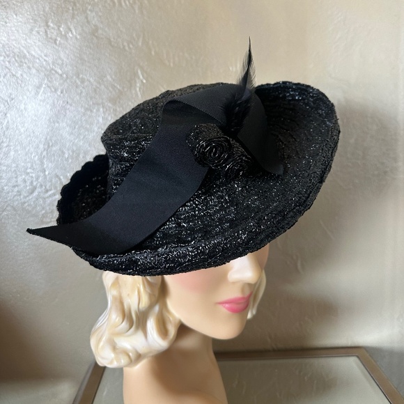 WINSOME 1940\'s STRAW WIDE BRIM FEDORA WITH GROSGRAIN BOW & STRAW BALLS main image 9